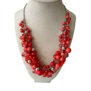Lucite Red Beaded Cha Cha Necklace Statement Costume Glam Maximalist‎ Chunky